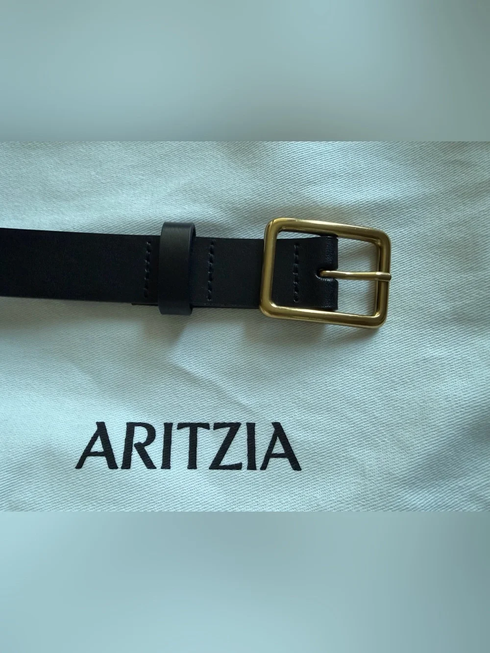 Aritzia Women's Black Leather Belt with Gold Buckle